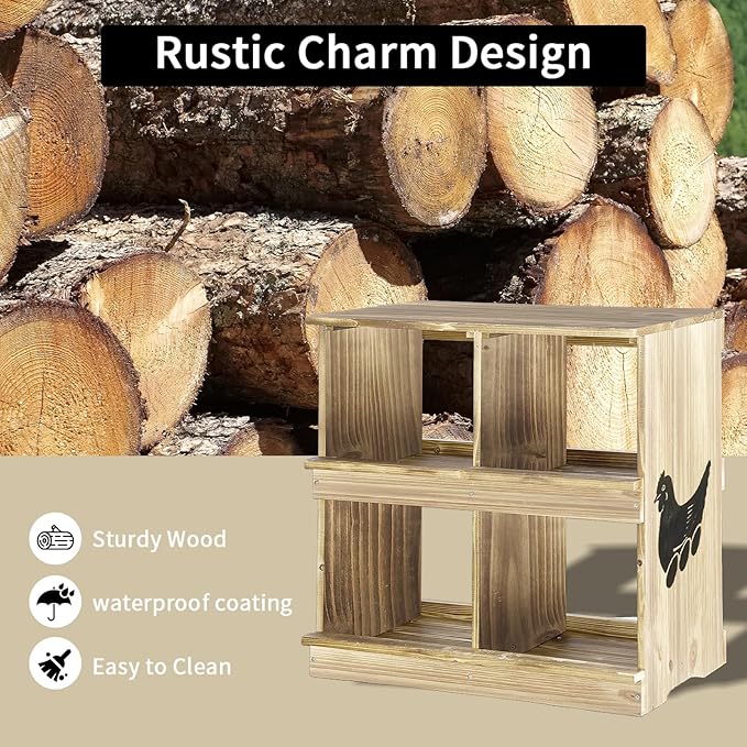 Nesting Boxes for Chickens - Wooden Chicken Nesting Box for Chicken Coop Accessories, Sturdy 4-Compartment Wall Mount Egg Laying Box for Hens, Chickens, and Ducks(Lightly Charred)