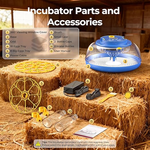 18 Egg Incubators for Hatching Eggs, 360° View with Automatic Egg Turning & Humidity Control, Built-in Egg Candler for Hatching Chicken, Duck, Goose, Quail, Ideal for Home, Classroom, Laboratory, Farm