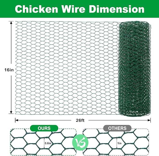 Chicken Poultry Wire Fencing,PVC Coated Hardware Cloth 16inx26ft Hexagonal Mesh Plant Protector Wire for Pets,Rabbit,Duck,Farmer Animal Barrier Fence Netting