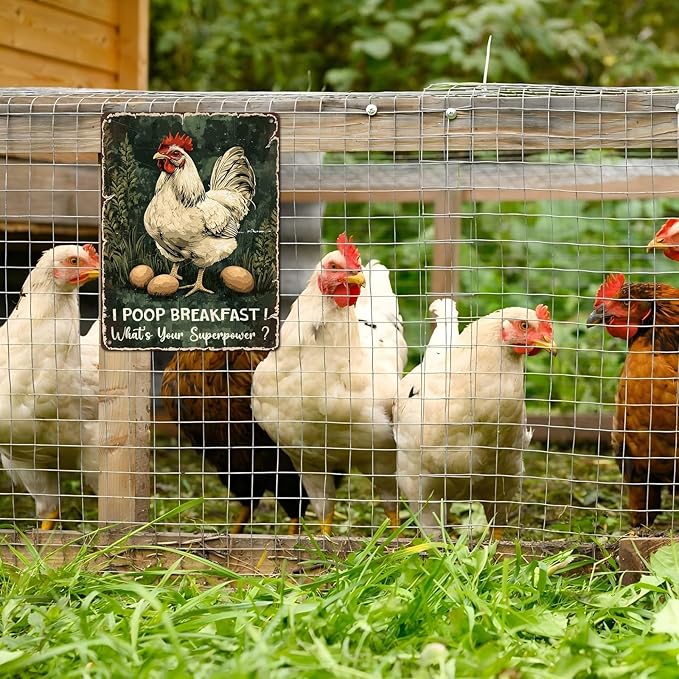 Vintage Chicken Tin Sign I Poop Breakfast Whats Your Superpower Retro Coop Wall Decor Nostalgic Art Funny Rustic Metal Poster Outdoor Store Cafe Poultry House Pubs Farm Farmhouse 12 * 16inch