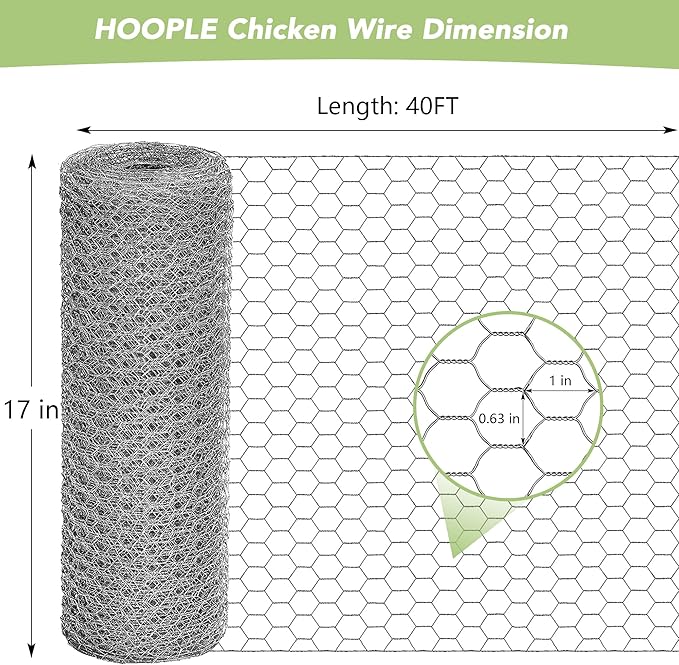 HOOPLE Chicken Wire, 17Inx40FT Chicken Wire Fencing for Garden Poultry, Hexagonal Galvanized Chicken Wire Mesh, Rustproof and Sturdy, Animal Barrier Mesh, Wire Fence Rolls for DIY Project.