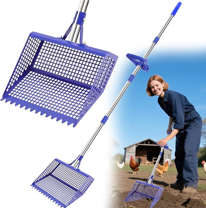 Metal Pooper Scooper for Large Dogs & Chicken Coop - Heavy Duty Long Handle Dog Poop Scoop with Sifting Shovel, Adjustable Rake for Yard, Gravel & Kennel Cleaning, Rust-Proof Stainless Steel