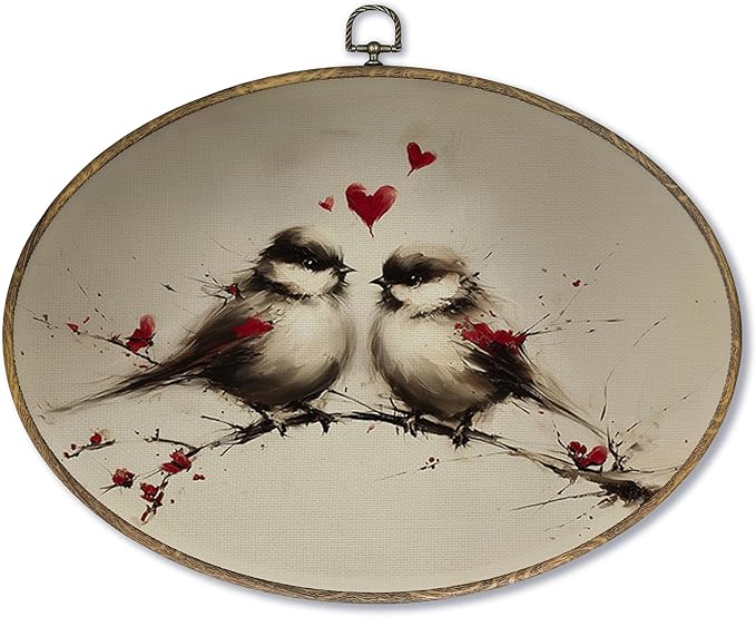 Fewgb Valentines Love Bird Couple Oval Wall Art Decor Framed, Valentine Valentine's Day Canvas Wall Art Prints Picture, Vintage Birds Farmhouse Hanging Room Decor for Gallery Bedroom Living Room 9x12