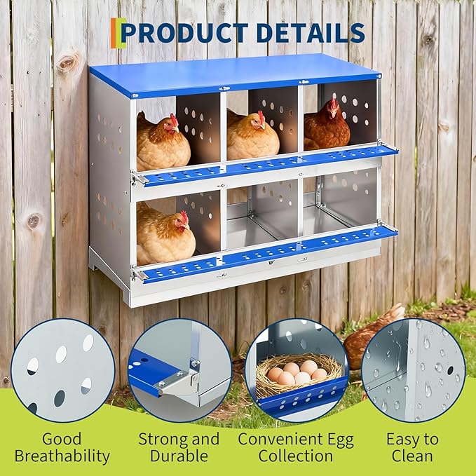 Heavy Duty Metal Chicken Nesting Box – 6 Compartments, Breathable Holes, Resting Platform, Rollaway Design, Wall Mounted/Floor, Rustproof, Easy Clean, Blue, 96×48×71cm, Without Cover
