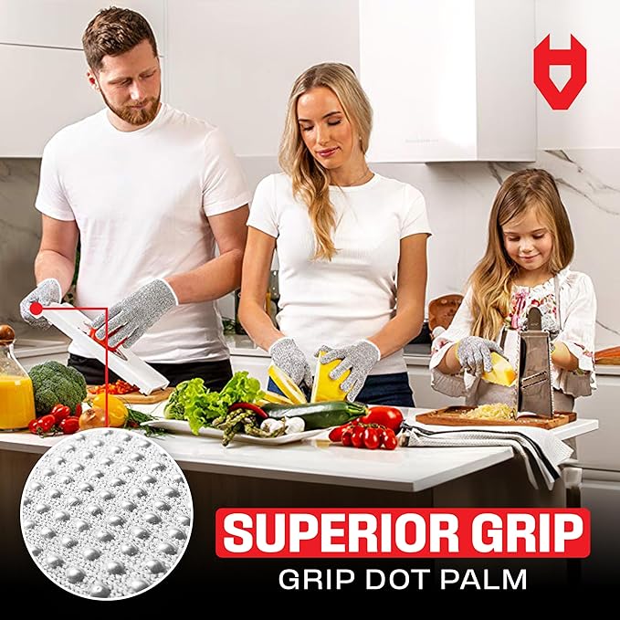 NoCry Cut Resistant Gloves with Grip Dots - Breathable & Lightweight Cutting Gloves for Chefs - Ambidextrous - Great for Kitchen Cutting or Woodworking