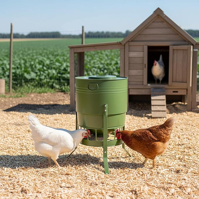 KOL Chicken Feeder No Waste for Coop & Outdoors, 16 Port 50lbs Poultry Feeder with Spill-Control Design, Rust-Proof Powder Coated Metal & Smooth Safe Edges (Avocado Green)