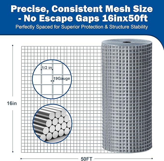 Hardware Cloth 1/2" x 1/2" 16 in x 50 ft, 19 Gauge Chicken Wire Fence, Welded Wire Fencing Mesh Roll with Cutting Plier & Gloves for Garden, Coop & Pet Enclosures