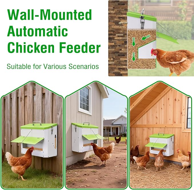 25LBS Automatic Chicken Feeder-No Waste Metal Poultry Feeder with View Window & Rain Cover,Hanging Chicken Food Dispenser for Outdoor Coops，No Assembly, Rodent Proof