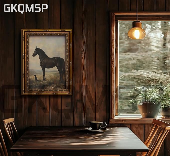 Vintage Gold Framed Horse Wall Art Horse and Dog Canvas Wall Decor Retro Rustic Farmhouse Animal Picture Rustic Horses Poster Artwork for Home Living Bedroom Farmhouse Hallway 16x24in