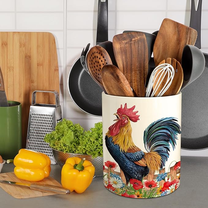 Hexagram Rooster Decor Utensil Holder, Rooster Chicken Kitchen Decor Ceramic Utensil Holder for Farmhouse Chicken Kitchen Decorations Indoor Rustic Farmhouse