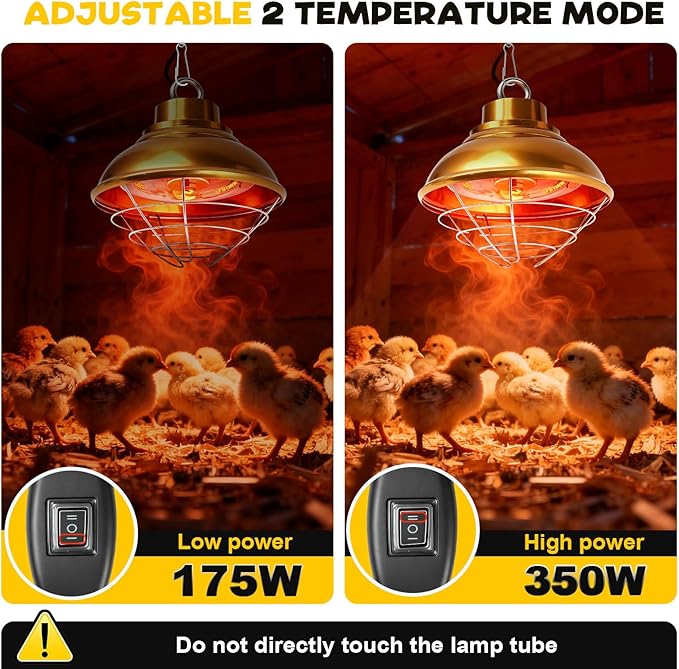 Chicken Heat Lamp Carbon Fiber Tube Brooder Heater Lamps for Chicks,Adjustable 2 Temperature Hanging Chicken Warmer for Livestock Dog Kennel,Cat House,Round 175W/350W
