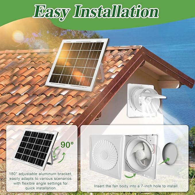 Solar Exhaust Fan, 25W Solar Panel + 8" Ventilation Vent Fan, with Power Adapter, Anti-backflow Valve, High Speed Solar Powered Exhaust Fan for Shed, Chicken Coop, Greenhouse, Dog House (White)