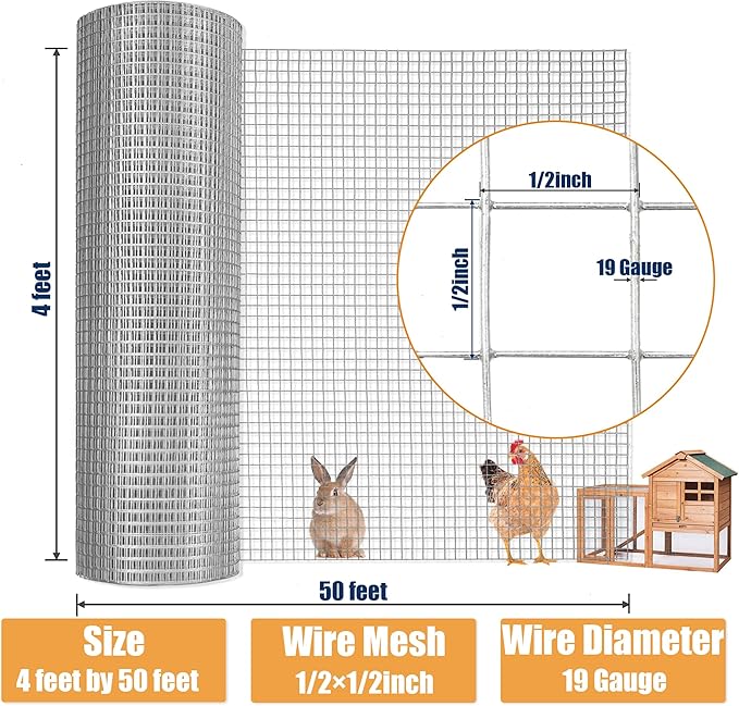 1/2inch 48Inch（H）x50Ft（L）19 Gauge Hardware Cloth Chicken Wire Fencing Hot-Dipped Galvanized Welded Chicken Wire Mesh Roll Metal Fence for Poultry Cage Home Improvement Projects