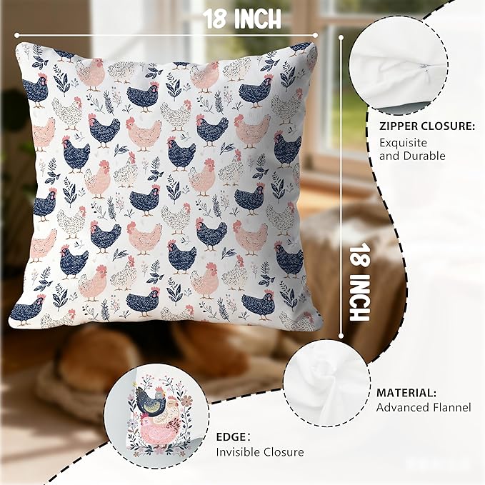 Rustic Floral Chicken Pillow Covers 18x18, Chicken Lover Lady Mom Gifts, Cottagecore Flower Farmhouse Hen Decorative Throw Pillow Covers for Home Bedroom Living Room, Set of 2,Color-3
