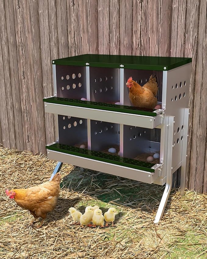 6-Hole Galvanized Metal Chicken Nesting Box with Egg Collection Tray/Fake Training Eggs, Rustproof Poultry Laying Box with Perch Rod,for Chicken Coops and Hens