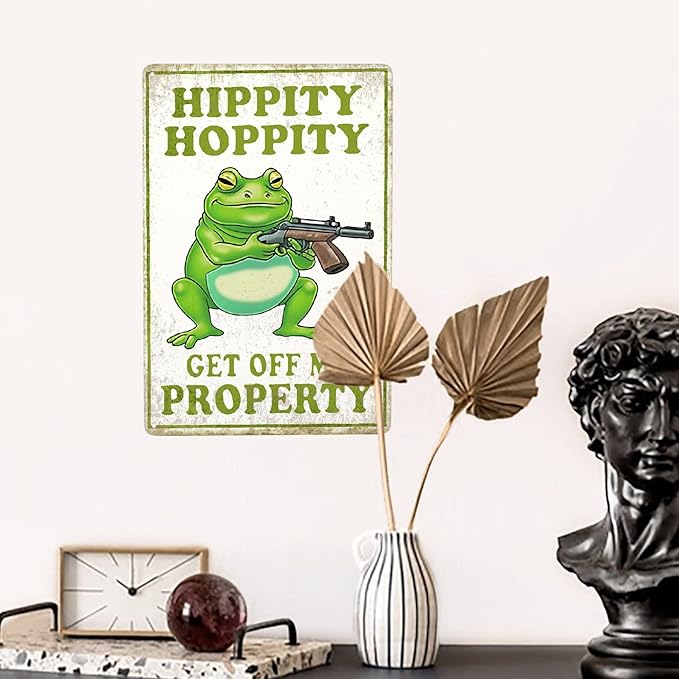 Vintage Frog Room Sign Hippity Get Off My Property Metal Poster Sign Decor-Cool Stuff Retro Aluminum Metal Tin Sign Warning Sign for Home Wall Decor, Garden Bathroom Signs Gift,12''x 8''