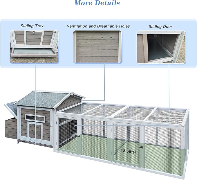 Large Wooden Chicken Coop Outdoor Hen House with Nesting Box，Walk-in Poultry Cage with Secure Locks, Metal Mesh Run for Backyard Farm Use (Gray 118")
