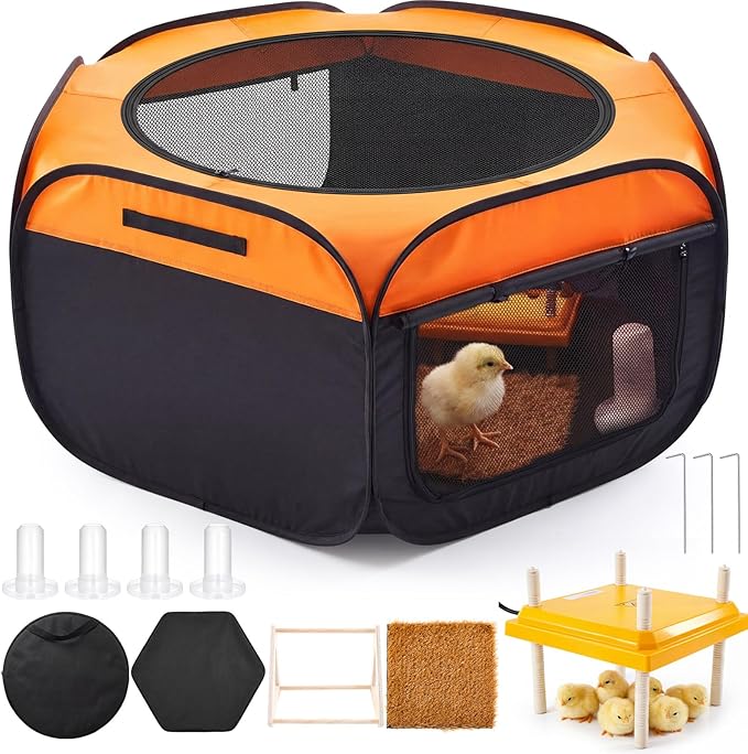 Brooder Box for Chick Starter Kit, 42 in Dual Door Chicken Brooder Pen/Playpen/Tent with 10×10 in Heating Plate, Nesting Pad, Chicks Feeder&Waterer, Chick Perch up to 15 Chicks, Duck, Quail