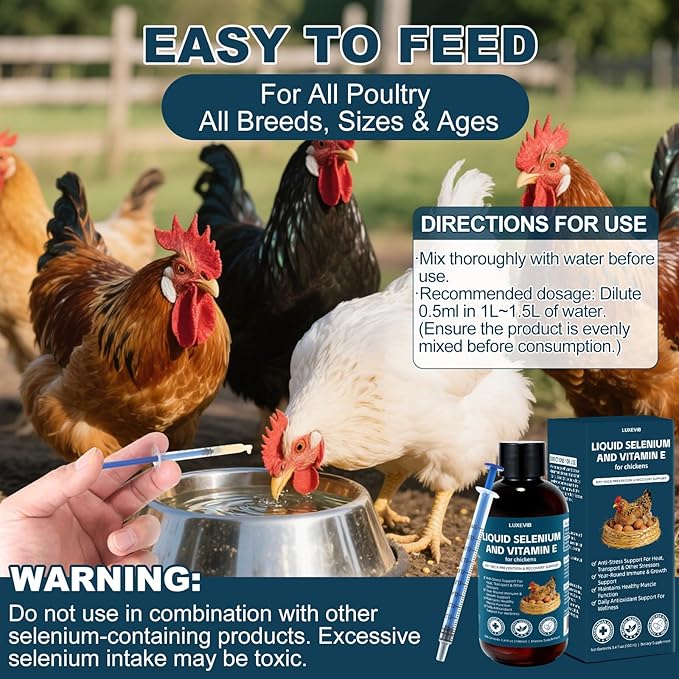 E+S Poultry Vitality Formula | Selenium for Chickens and All Poultry | Nutrient Support Liquid for Energy Balance and Mobility | Feed Mix Additive for Healthy Growth,3.4 fl oz