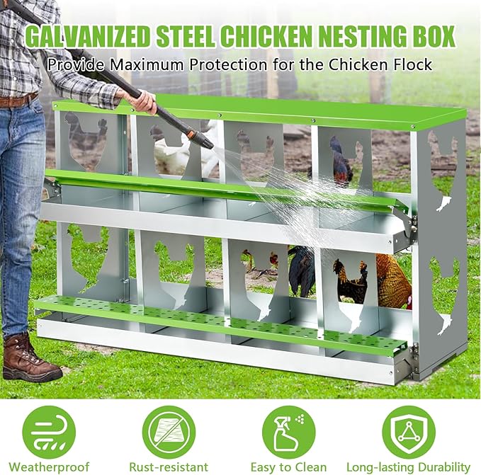 Chicken Nesting Box for Laying Eggs,8 Hole Roll Away Nesting Boxes,Chicken Laying Boxes with Large Vented Holes,Wall-Mountable Chicken Coop Nesting Boxes,Metal Laying Boxes for Hens,Ducks(Green)