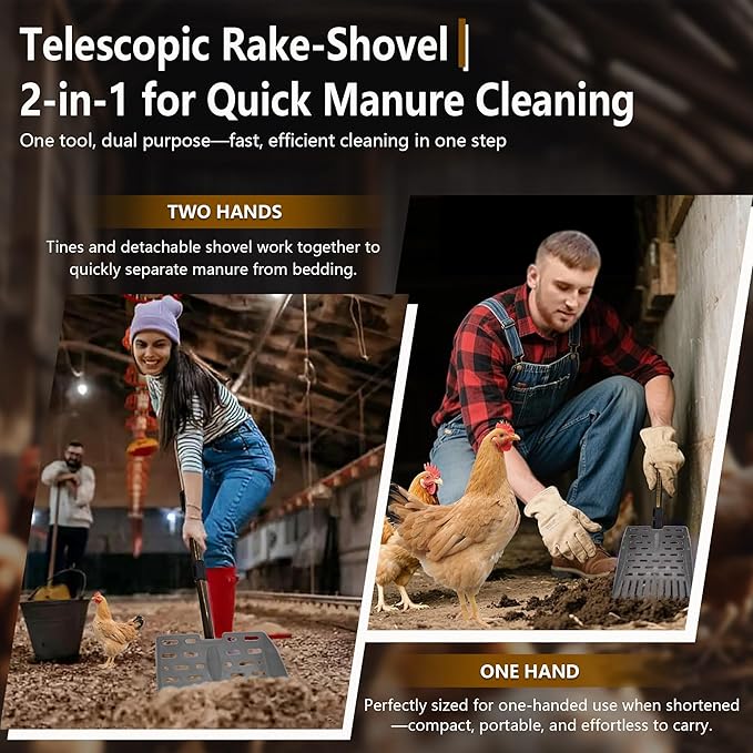 Telescopic Chicken Dog Poop Scooper & Rake 2-in-1 Chicken Litter Scoop for Chicken Coops & Small Farm Animals Sand Sifting Litter Shovel (Gray)