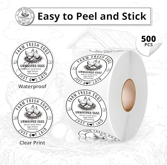 500Pcs Farm Fresh Egg Carton Stickers Labels, 1.7 Inch Self Adhesive Unwashed Eggs Lables for Farm Small Businesses and Chicken Farms Farmers Markets