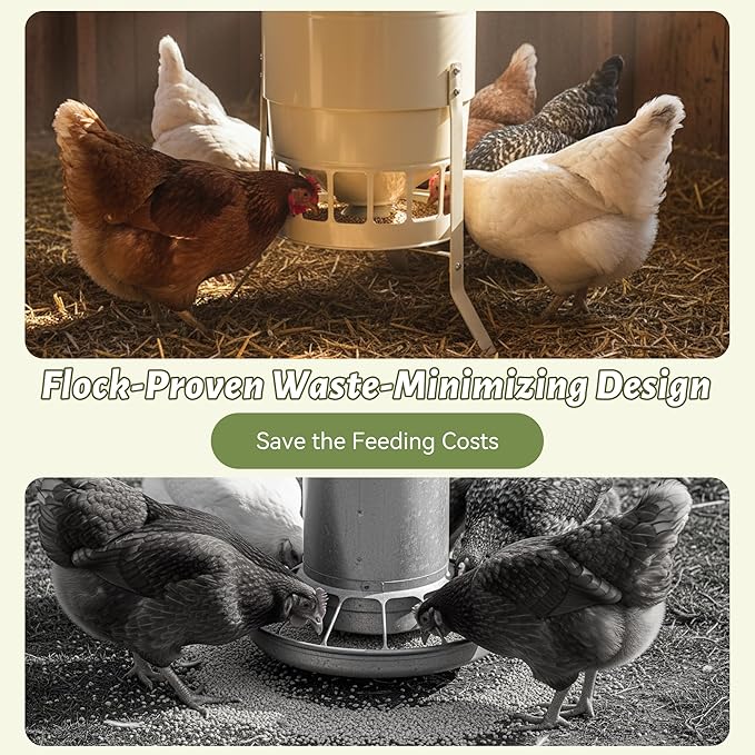 KOL Chicken Feeder No Waste for Coop & Outdoors, 16 Port 50lbs Poultry Feeder with Spill-Control Design, Rust-Proof Powder Coated Metal & Smooth Safe Edges (Jade White)
