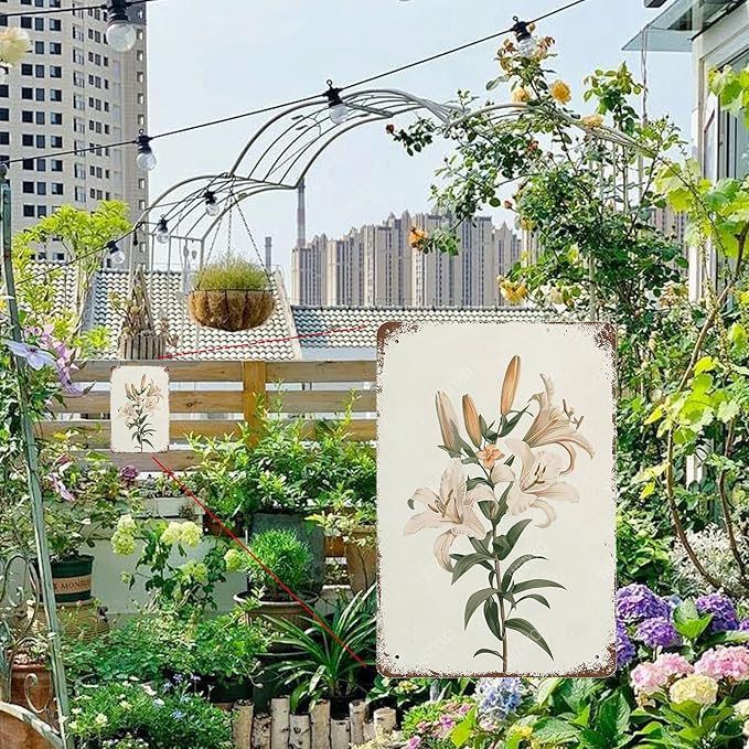 Flowers Metal Signs Lily Sign Vintage Tin Sign Retro Wall Art Decor for Living Room Bedroom Garden Yard Shop Bar 8×12 Inches
