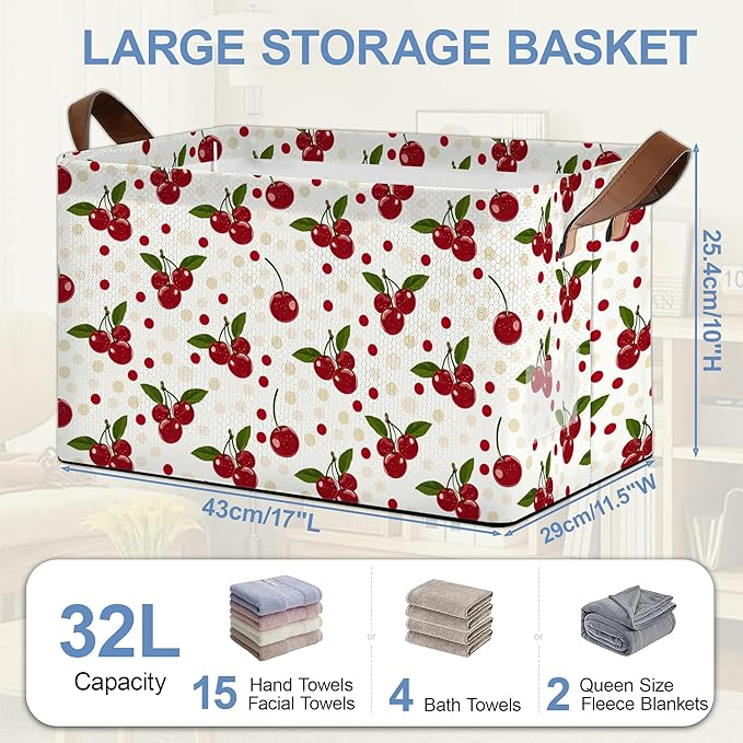 Cherry Red Storage Basket,Collapsible Storage Bin Cubes for Living Room Bedroom Blankets Home Storage 17x11.5x10Inch