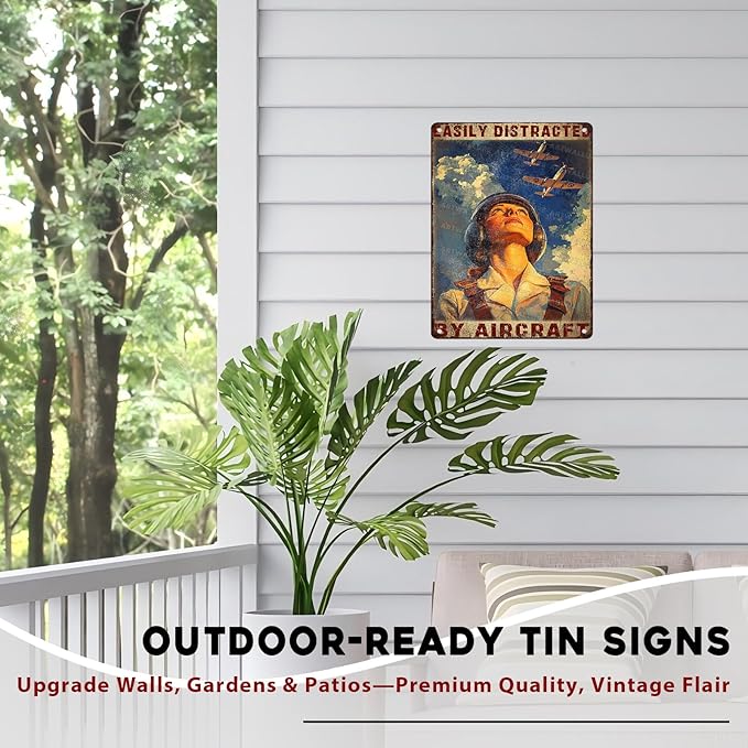 Airplanes Sign for Home Decor Easily Distracted By Airplanes Vintage Metal Poster Retro Art Decor for Backyard Garage Man Cave Shed Office Craft Room 12x16inch