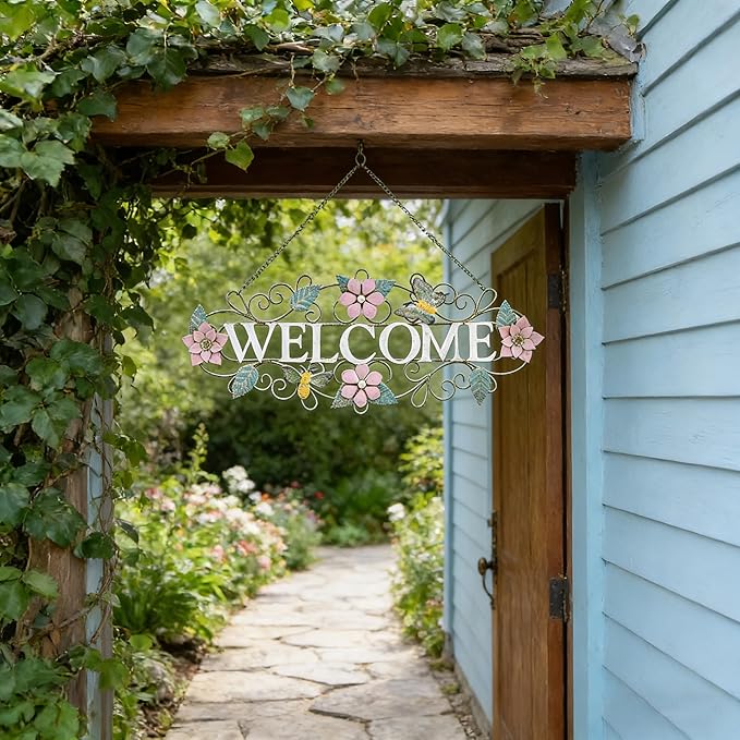 Queltharion 23.6'' L Vintage Metal Welcome Sign Hanging Decor Rustic Distressed Butterfly Bee Flora Welcome Wall Art Decoration for Outdoor Front Door Garden Farmhouse Porch Patio Yard Plaque Pink