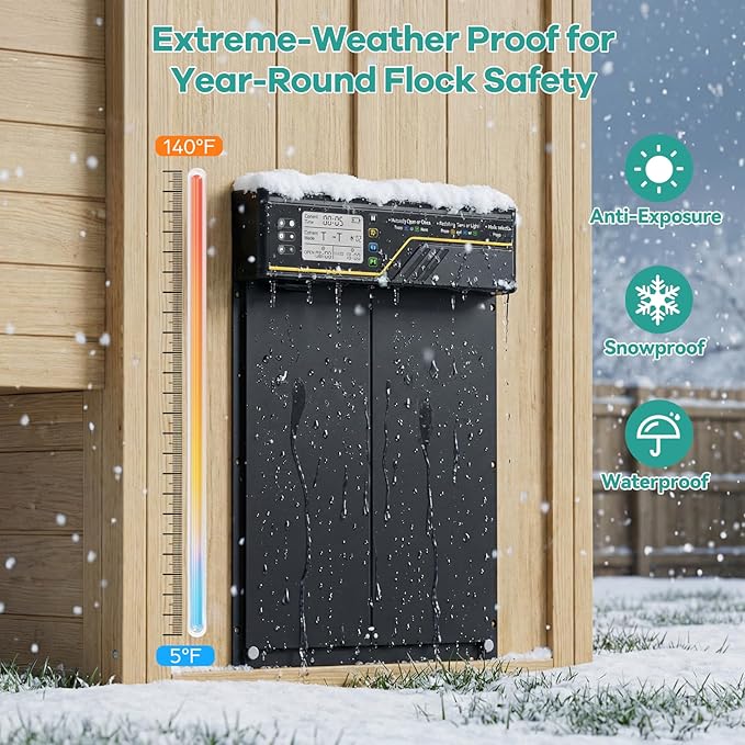 Large Automatic Chicken Coop Door Solar Powered, 4Modes Aluminum Horizontally Dual-Door Design with Timer & Light Sensor, Auto Chicken Door with Remote Control, Excellent Anti-Pinch & Easy to Program