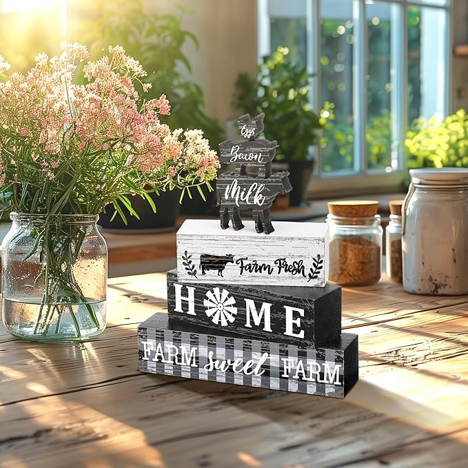 Geelin 4 Pcs Farmhouse Kitchen Signs Cow Rooster and Pig Decors Rustic Wooden Signs Country Table Centerpiece Tiered Tray Decor Table Top Sign for Home Kitchen