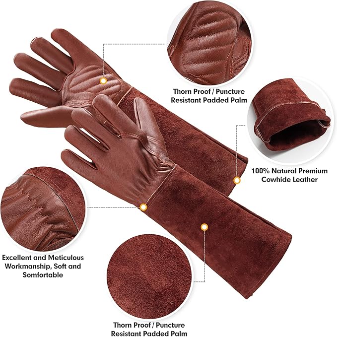 Thorn Proof Gardening Gloves for Men & Women, Long Cowhide Leather Rose Pruning Gloves with Forearm Protection, Puncture Resistant Gauntlets for Cacti, Blackberries & Yard Work(chocolate brown,XS)