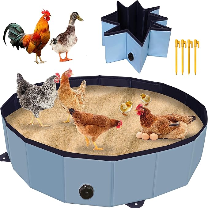 Chicken Dust Bath Tub, Chicken Coop Lime Cleaner Container, 32" D X 8" H PVC Material Foldable Portable Essential Chicken Coop Dusting Accessory. (Blue)