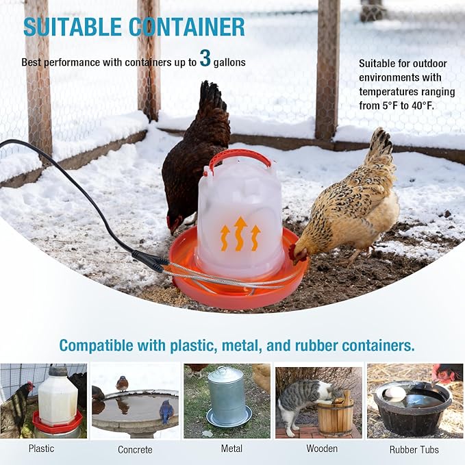 Chicken Water Heated Cord 1 Pack, 39W Chickens Water Heater for Winter, Freeze Proof Chicken Waterer Heater with Long Heating Cord 4FT for Poultry Like Chickens Geese Ducks and Small Animals