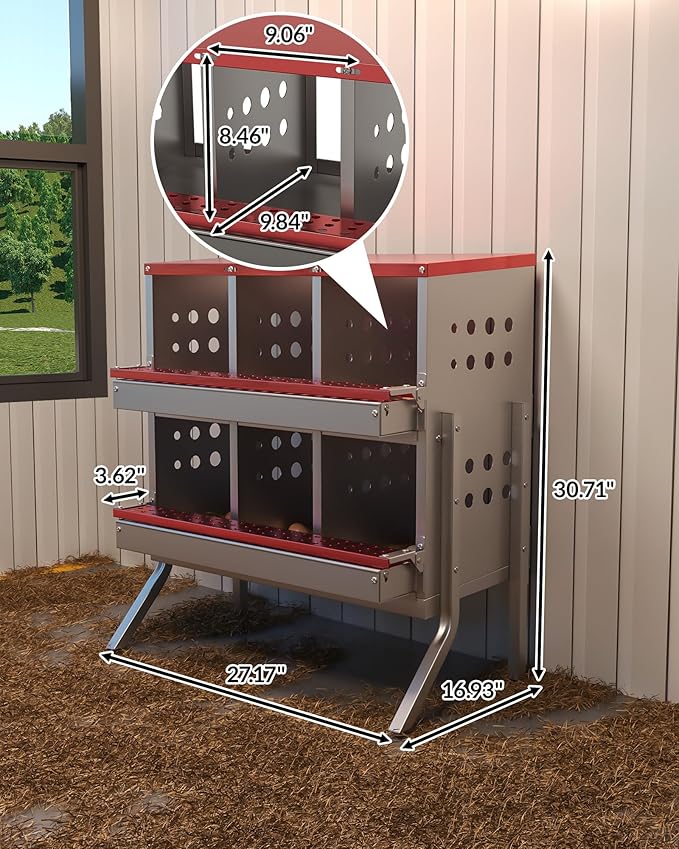 GarveeLife Metal Chicken Nesting Box for Laying Eggs, Rustproof Wall-mountable Roll Away Chicken Laying Boxes for Hens, Waterproof, Ventilated with Perch, 6 Compartments with Legs, Red
