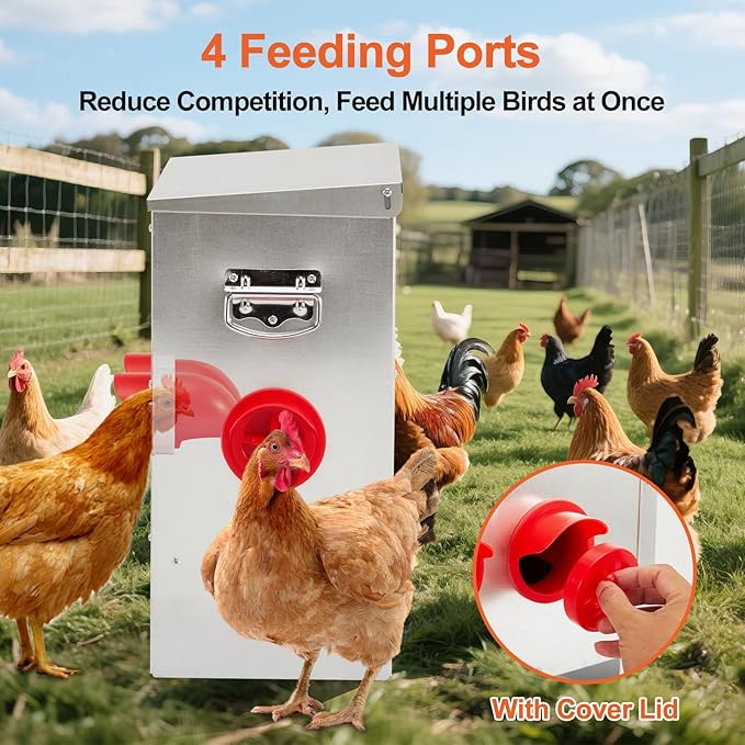 Automatic Chicken Feeder 25lbs, Galvanized Metal Chicken Food Dispenser, Rainproof & Rodent Proof No Waste Poultry Feeder for Backyard Coop, Farm, Ducks & Hens (4 Ports)