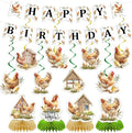 Chicken Birthday Party Decorations - 14 Pcs Happy Cute Banner Hanging Swirls Honeycomb Centerpieces Set Farm Animals Chick Hen Themed Supplies Favors for Kids Boys Girls Wall Ceiling Decor