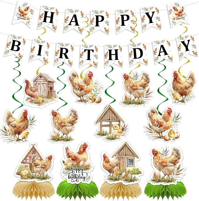 Chicken Birthday Party Decorations - 14 Pcs Happy Cute Banner Hanging Swirls Honeycomb Centerpieces Set Farm Animals Chick Hen Themed Supplies Favors for Kids Boys Girls Wall Ceiling Decor