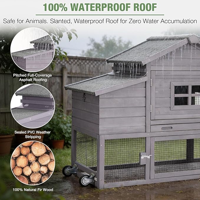 Mobile Chicken Coop with Run, Large Outdoor Wooden Poultry Cage Hen House with Wheels, Nesting Box, Pull-Out Tray, Waterproof Roof, Grey, 72.3" L x 26" W x 39.4" H, for 3-5 Chickens
