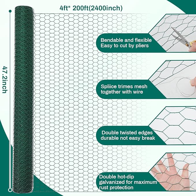 48 in X 200 ft Chicken Wire Fencing Metal Floral Chicken Wire Mesh for Crafts Poultry Garden, 1 Inch Hexagonal Galvanized Hardware Cloth Netting for Poultry Coop Barrier Rabbit Cage(Green)