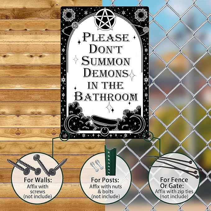 Funny Dark Humor Goth Metal Signs - Please Don't Summon Demons In The Bathroom Tin Sign, Gothic Witchy Bathroom Wall Decor 8x12 inch