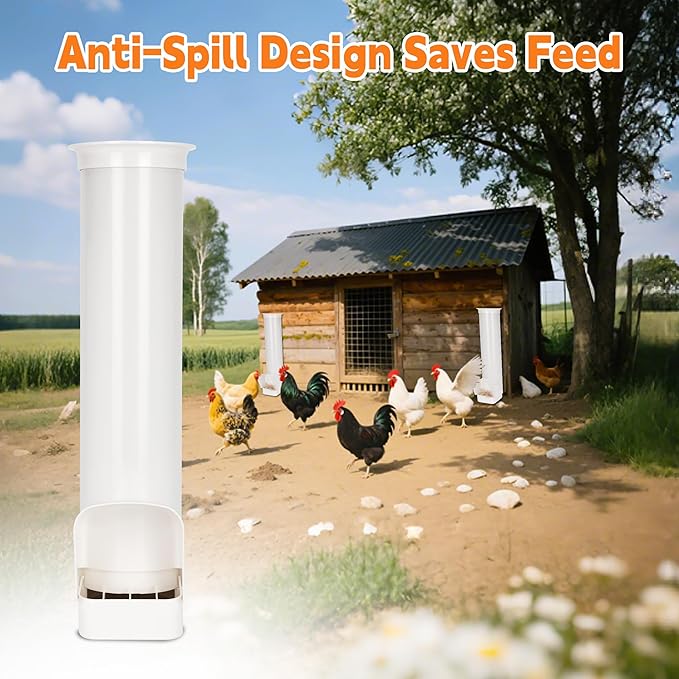2026 Automatic Chicken Feeder Outdoor, Large Capacity PVC Pipe Hanging Chicken Coop Feeder, with Cover, No Waste and Rainproof Design, Used for Long-Term Feeding of Chickens