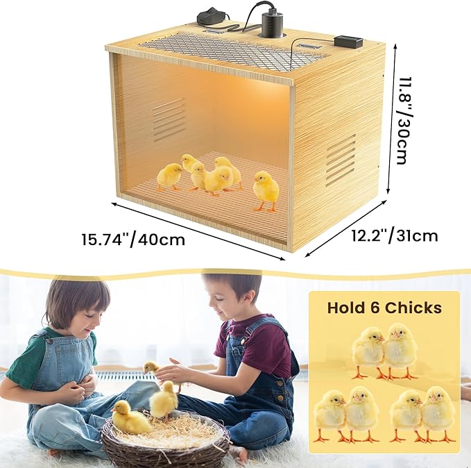 Chicken Brooder Box for Chicks Starter Kit, 16 Inch Wooden Chicken Brooder Box with 75W Heating Lamps, Thermometer and Tin Foil, Poultry Breeding Kit, for 5-7 Chicks Ducks Quail Hamsters