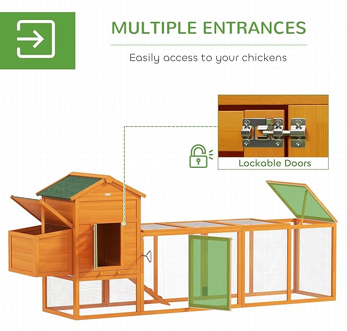 PawHut 118" Extra Large Chicken Coop with Asphalt Roof, Wooden Hen Run with Slide-Out Tray and Nesting Box, Chicken Hutch for 3-6 Chickens, Orange