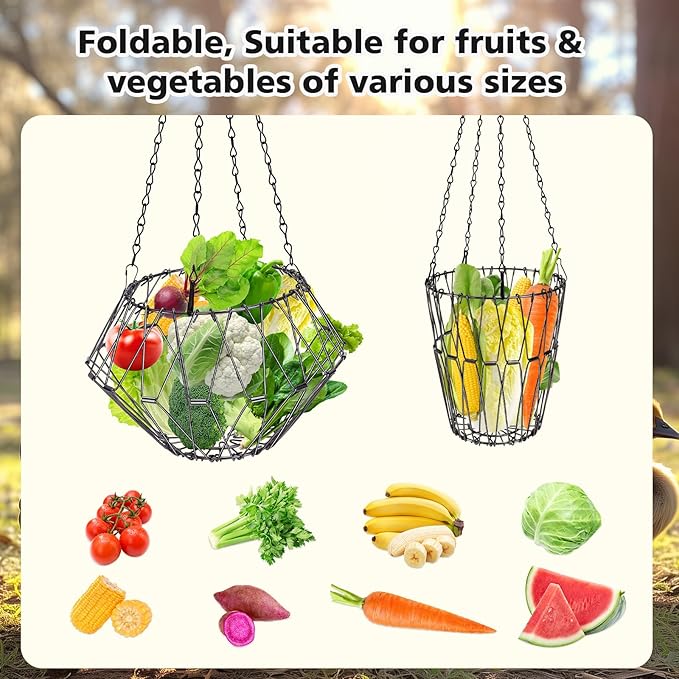 Hanging Chicken Feeder, Chicken Toys for Coop, Foldable Large Poultry Vegetable Fruits Feeder Basket with Hanging Chain, Chick Feeder for Chicken/Hens/Duck/Rabbit, M 2PCS