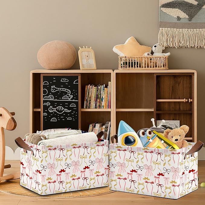 Cute Pink Bow Storage Baskets,Foldable Organizer Bin with Handles for Home Living Room Bedroom Closet Box 17x11.5x10Inch