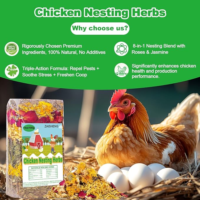 14 oz Chicken Nesting Herbs – 10 Natural Dried Blend, Lavender Rose Mint Mix, Helps Reduce Odors and Freshen Coop Naturally, Relaxing & Calming Herbs for Happy Hens