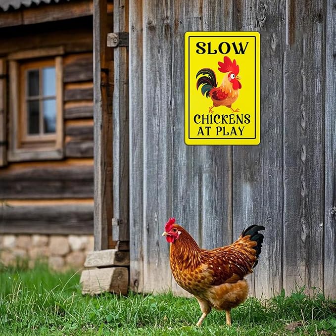 Vintage Slow Tin Sign Chickens at Play Metal Sign Funny Chicken Coop Yard Poster Home Kitchen Coffee Garden Wall Decor 12x8 Inch